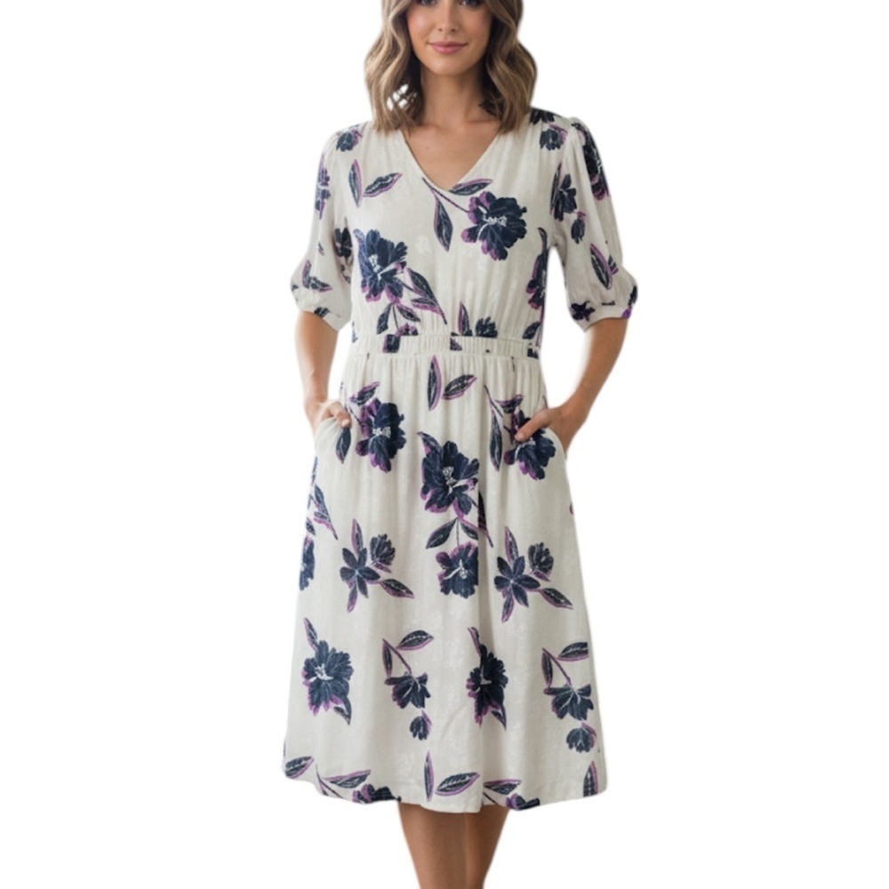 Draper James RSVP Floral Midi Dress XL Ivory Purple V-Neck Puff Sleeve Pockets
